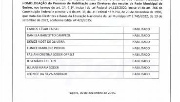 HOMOLOGA��O DE HABILITA��O DE DIRETORES DA REDE MUNICIPAL DE ENSINO
